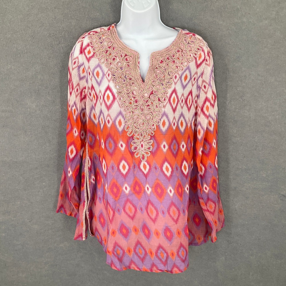 Soft Surroundings Womens Tunic Top Size 8 Diamond Print Embellished Pink Orange